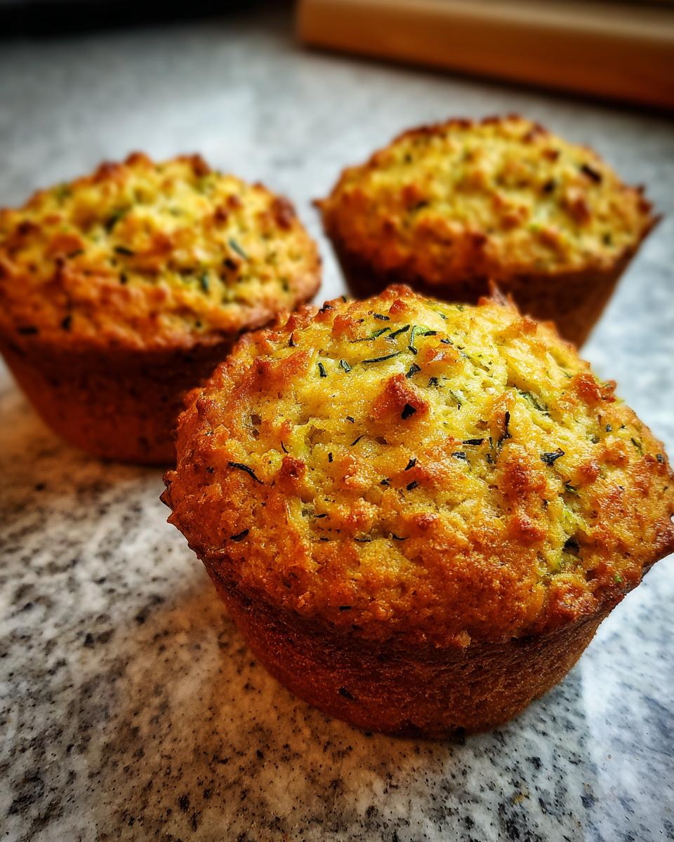 Three golden Parmesan Zucchini Muffins on a marble surface, showcasing their texture and color.