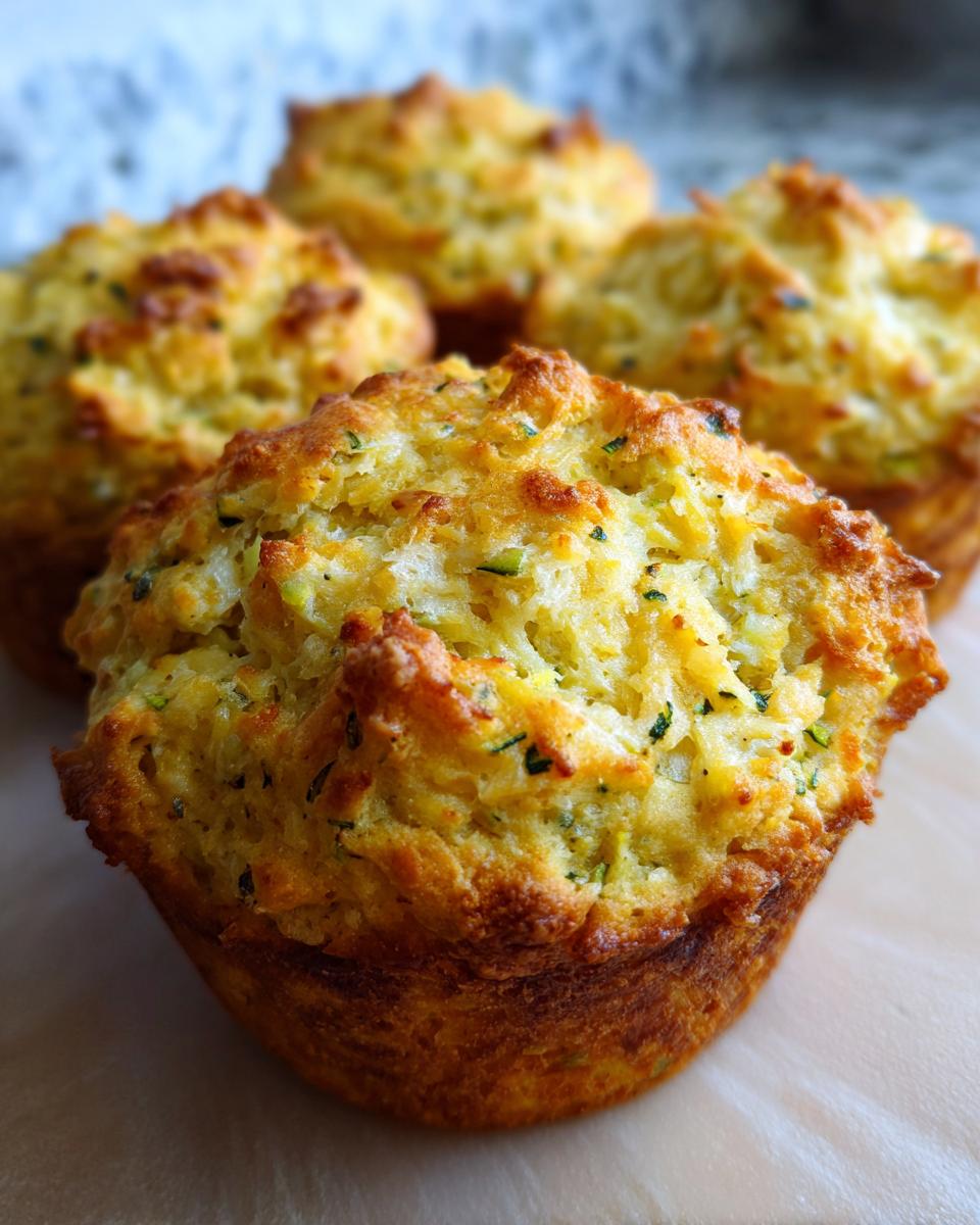 Close-up of golden brown Parmesan Zucchini Muffins, showcasing the texture and flecks of zucchini.