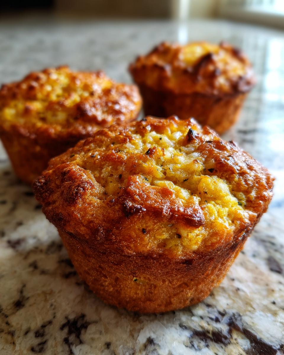 Three golden-brown Parmesan Zucchini Muffins on a marble countertop, showcasing their texture and cheesy topping.
