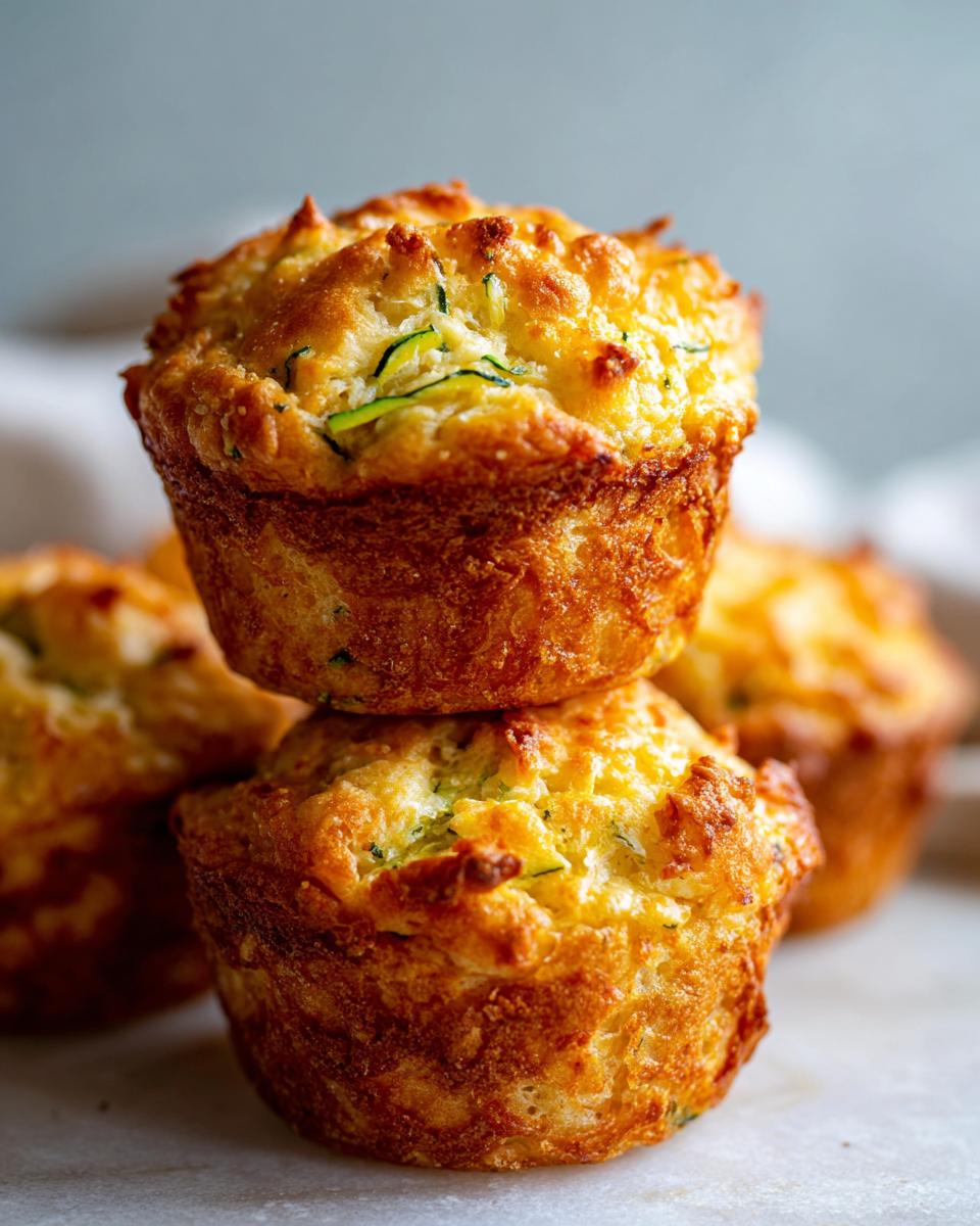 A stack of freshly baked Parmesan Zucchini Muffins, golden brown and ready to eat.