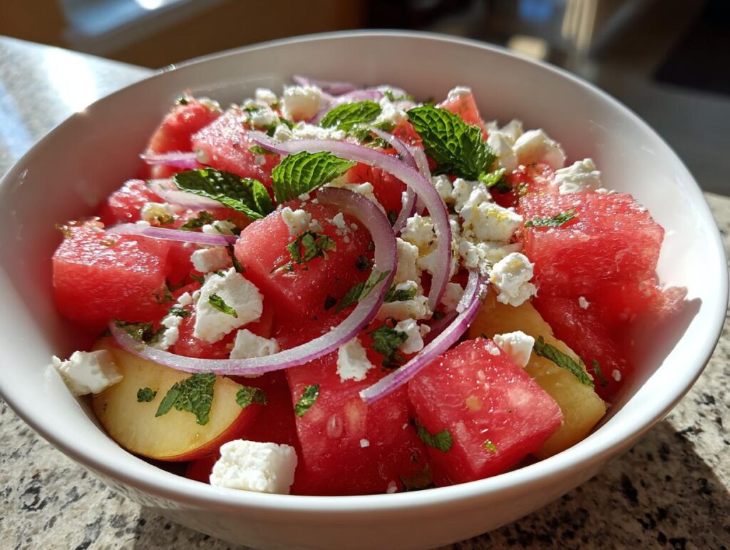 A vibrant bowl of Peach Watermelon Salad with feta cheese, red onion, and mint.