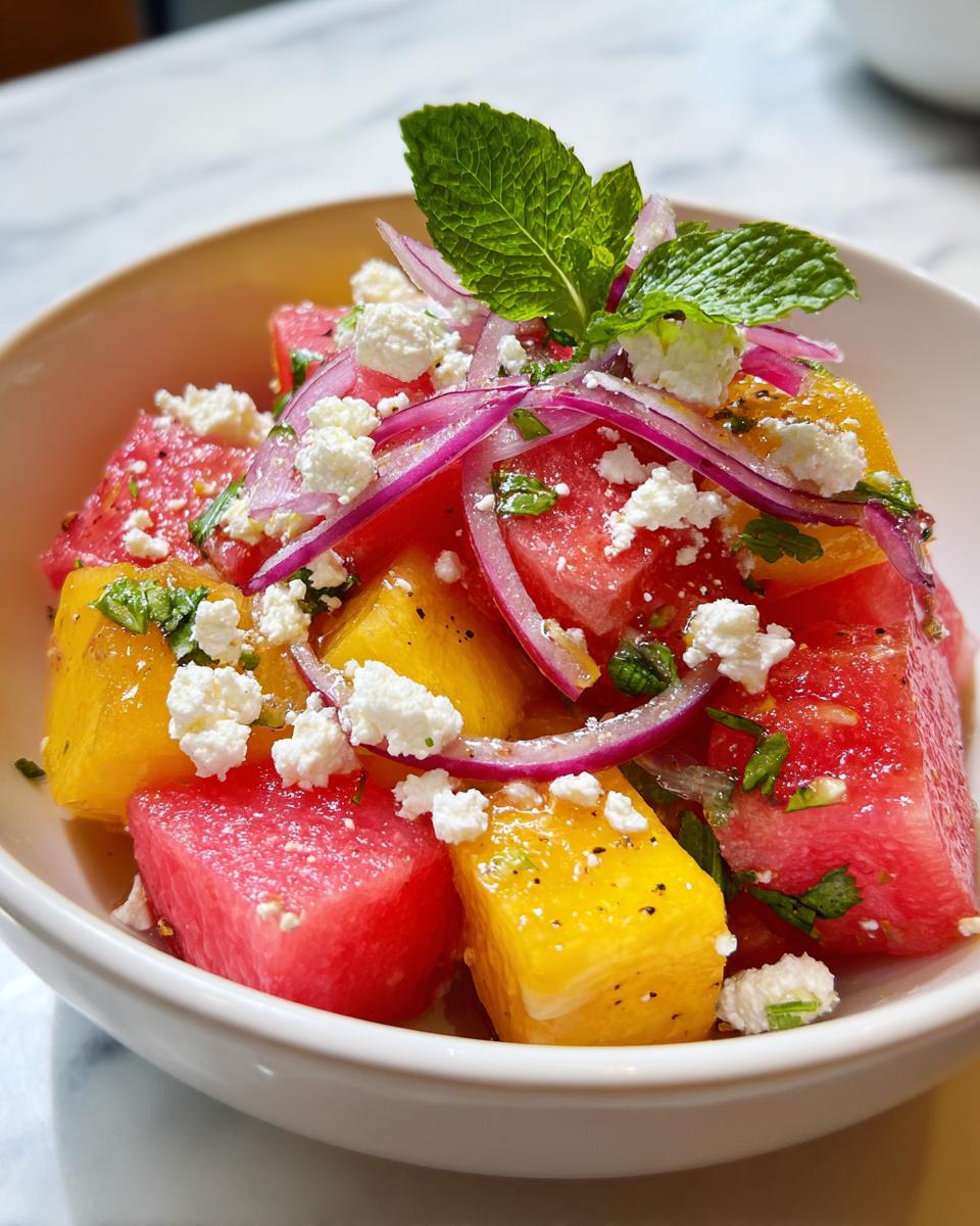 Close-up of Peach Watermelon Salad in a white bowl, topped with feta, red onion, and mint.