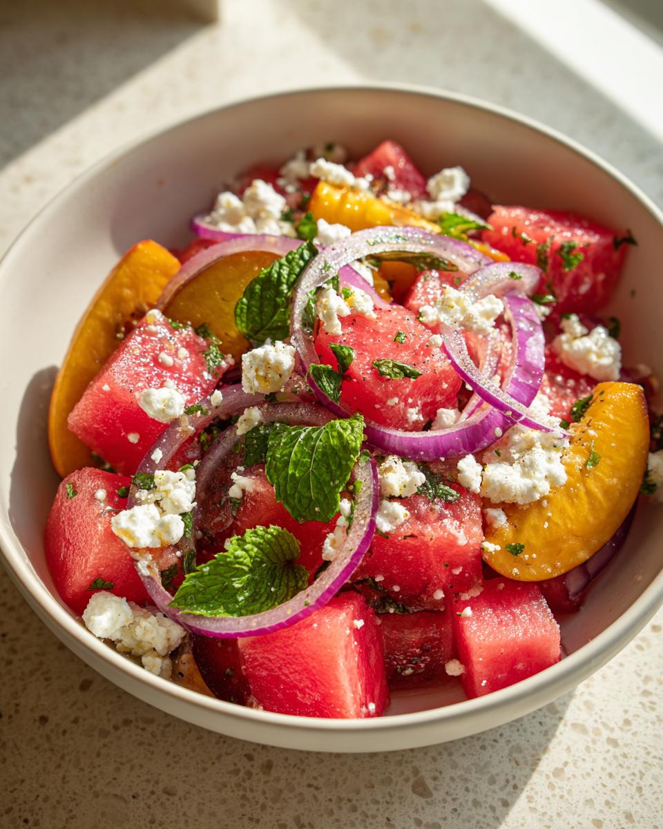 A vibrant bowl of Peach Watermelon Salad with feta cheese, red onion, and mint.