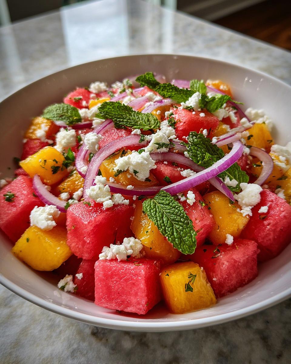 A vibrant Peach Watermelon Salad in a white bowl, topped with feta cheese, red onion, and fresh mint.
