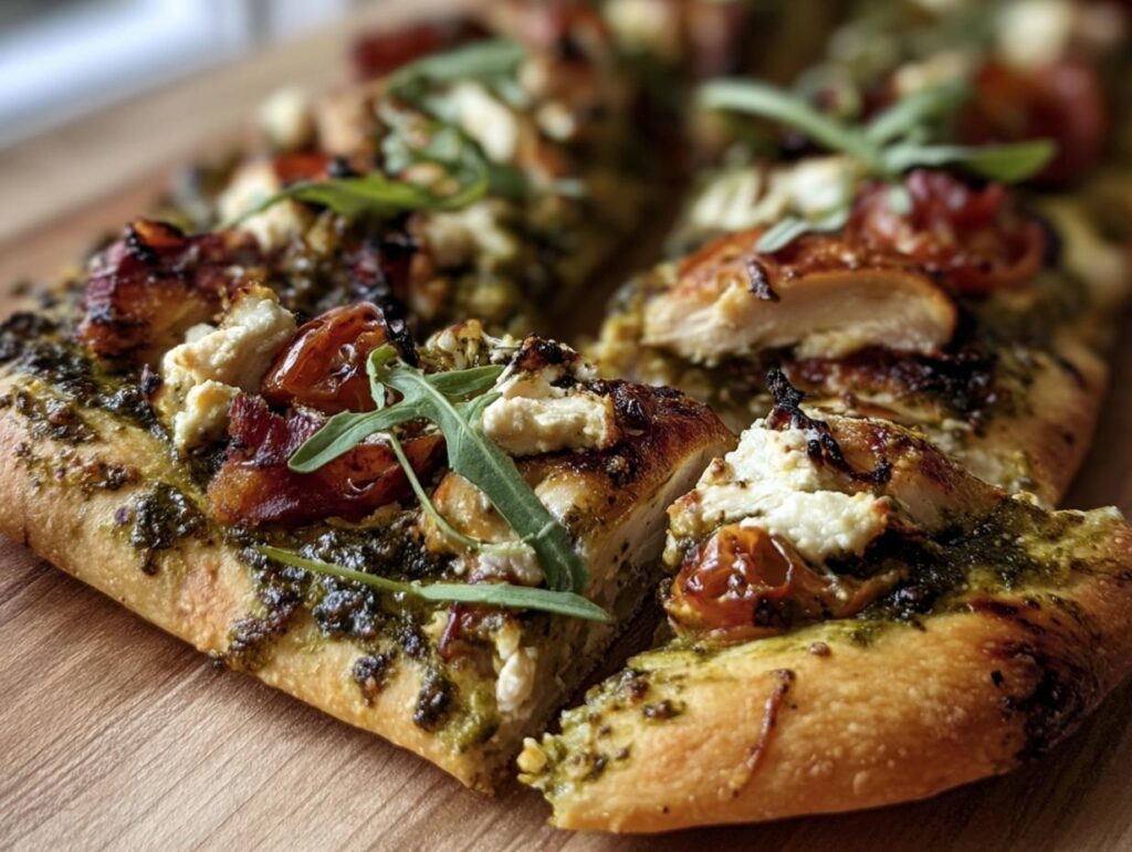 Close-up of a sliced pesto chicken flatbread featuring pesto, chicken, tomatoes, cheese, and arugula.
