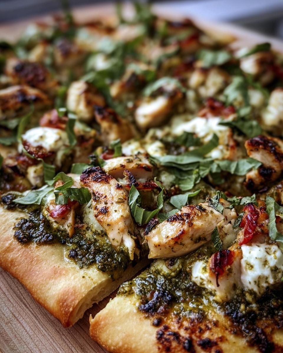 Close-up of Pesto Chicken Flatbread with grilled chicken, pesto, mozzarella, and basil.