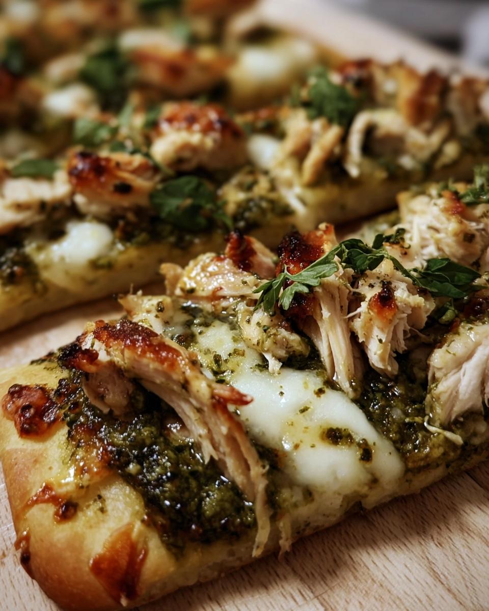 Close-up of Pesto Chicken Flatbread with melted cheese, pesto sauce, grilled chicken, and fresh herbs.