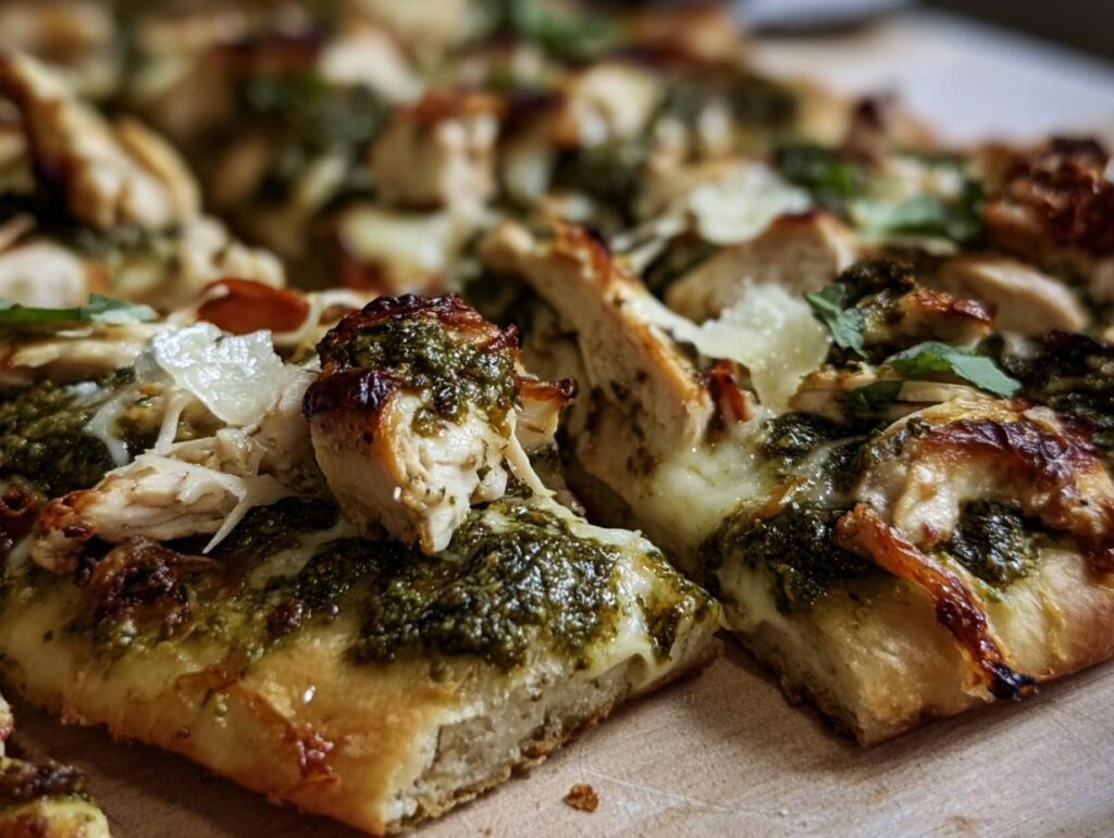 Close-up of Pesto Chicken Flatbread with pesto, chicken, cheese, and herbs on a wooden board.