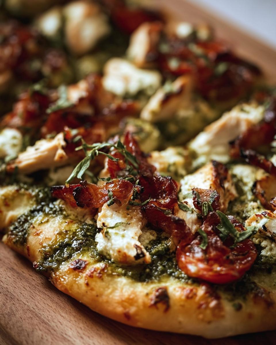 A close-up of Pesto Chicken Flatbread featuring chicken, pesto, tomatoes, and herbs on a wooden board.