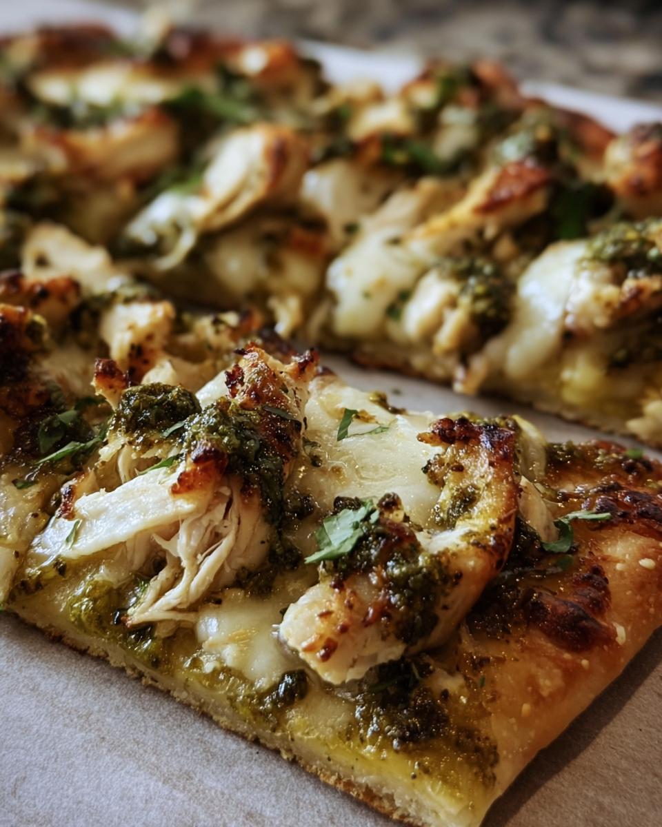 Close-up of a slice of pesto chicken flatbread with melted cheese and fresh herbs. Delicious pesto chicken flatbread recipe.