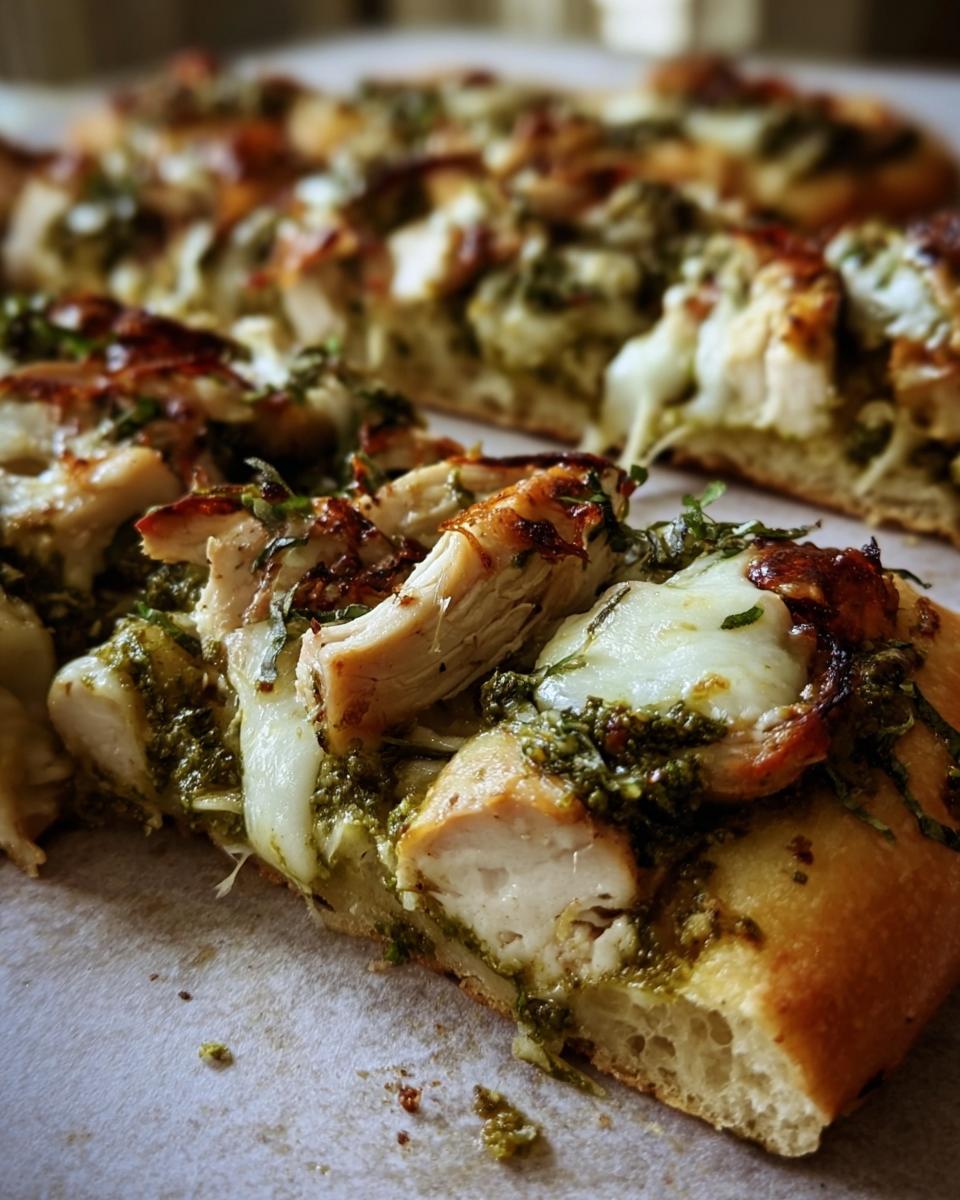 Close-up of a slice of pesto chicken flatbread with melted cheese and fresh basil.