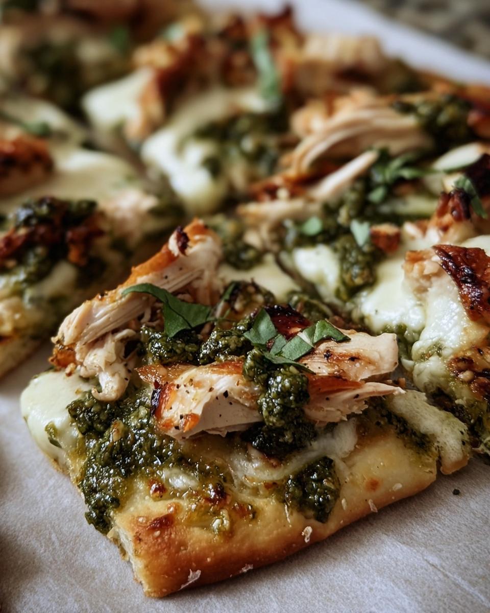 Close-up of a slice of Pesto Chicken Flatbread, featuring grilled chicken, pesto sauce, and melted cheese.