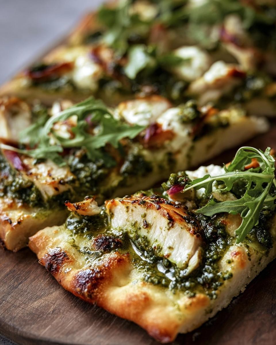 Close-up of a slice of Pesto Chicken Flatbread with pesto, chicken, mozzarella, and arugula.