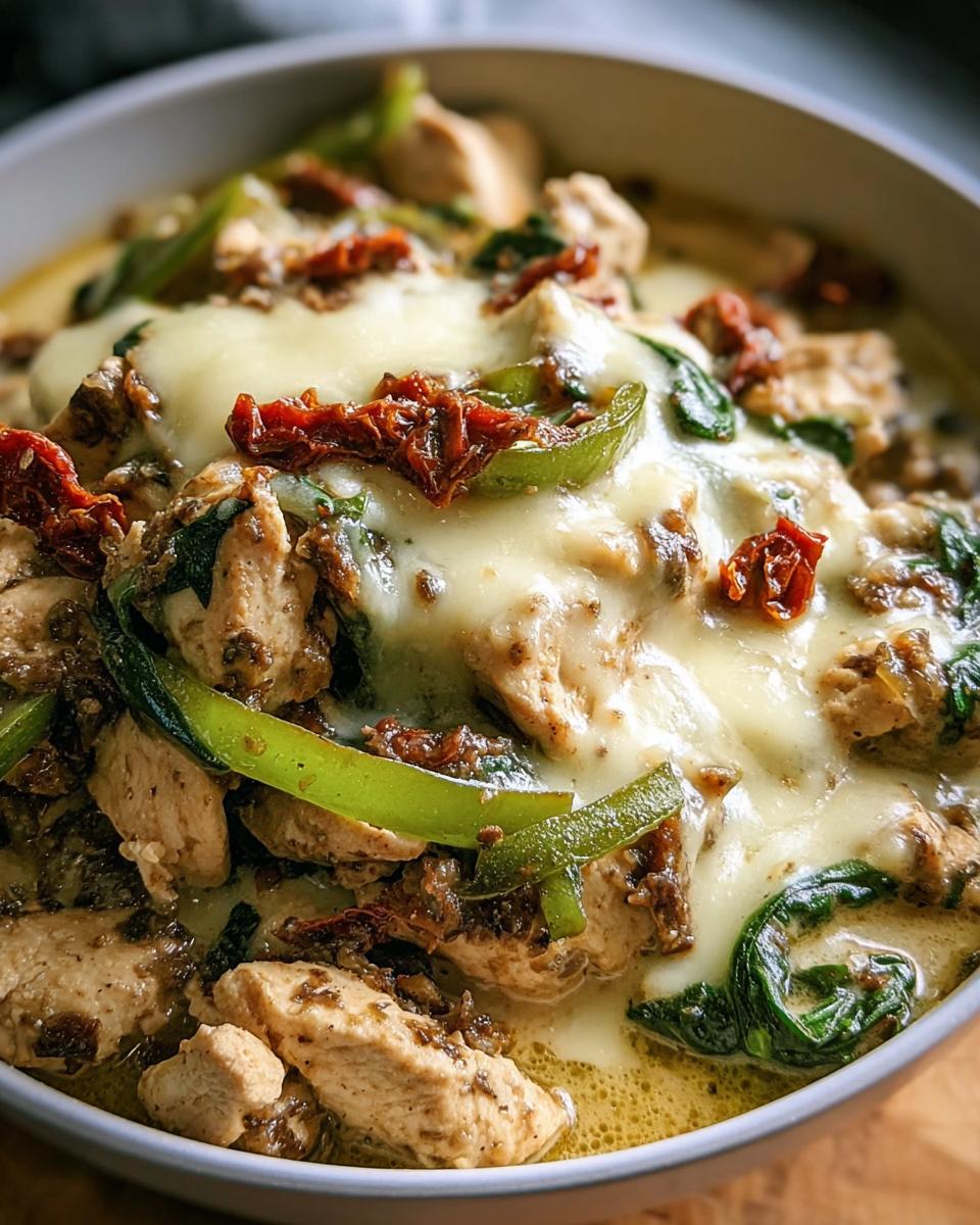 A close-up of Philly Cheesesteak Bowls with chicken, peppers, spinach, sun-dried tomatoes, and melted cheese.