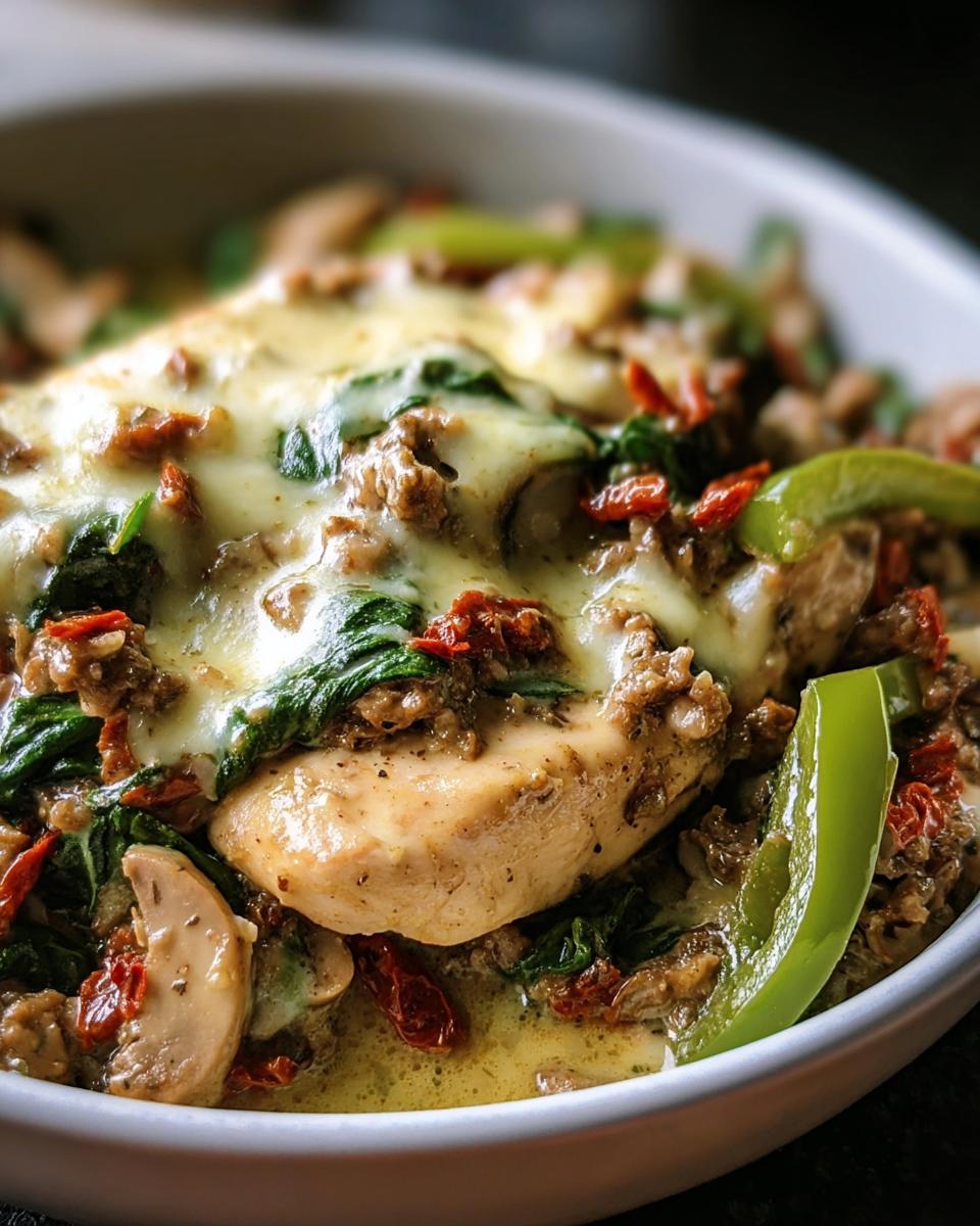Close-up of Philly Cheesesteak Bowls featuring chicken, peppers, spinach, mushrooms, and melted cheese.