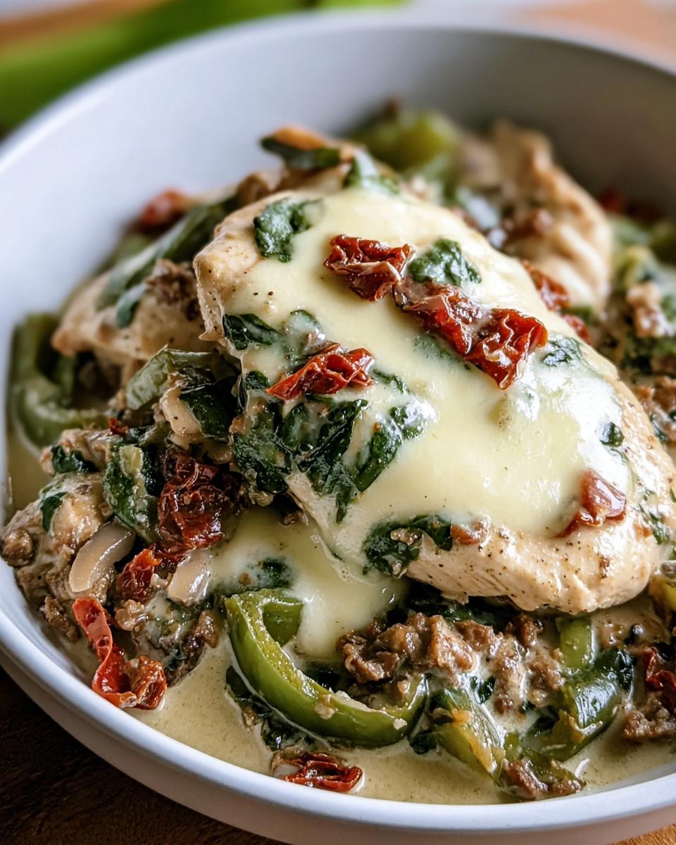Close-up of Philly Cheesesteak Bowls featuring chicken, peppers, spinach, and melted cheese.