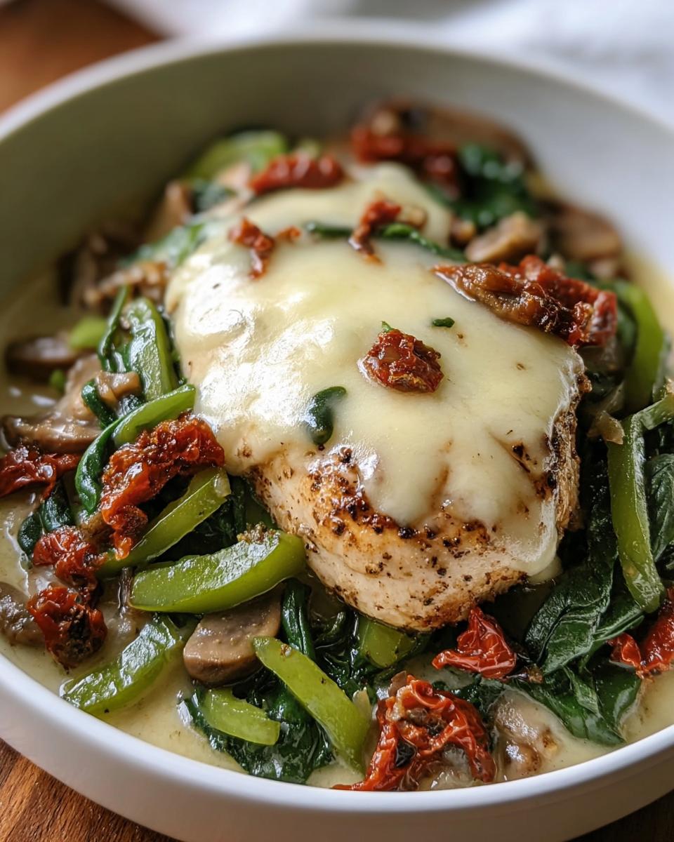 Close-up of Philly Cheesesteak Bowls featuring chicken, melted cheese, mushrooms, spinach, and sun-dried tomatoes.