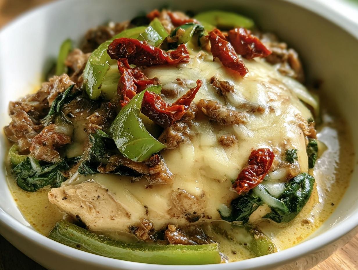 Close-up of Philly Cheesesteak Bowls with melted cheese, peppers, and meat in a white bowl.