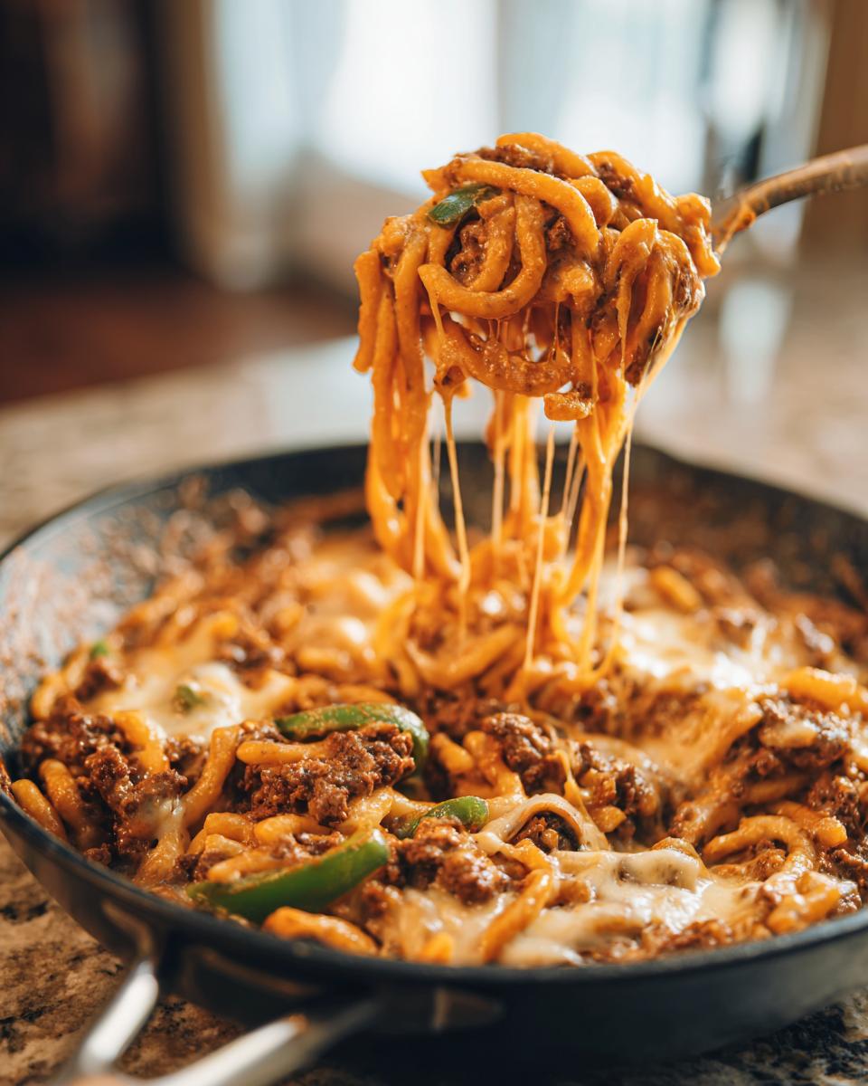Spoonful of Philly Cheesesteak Mac & Cheese with melted cheese, beef, and peppers.