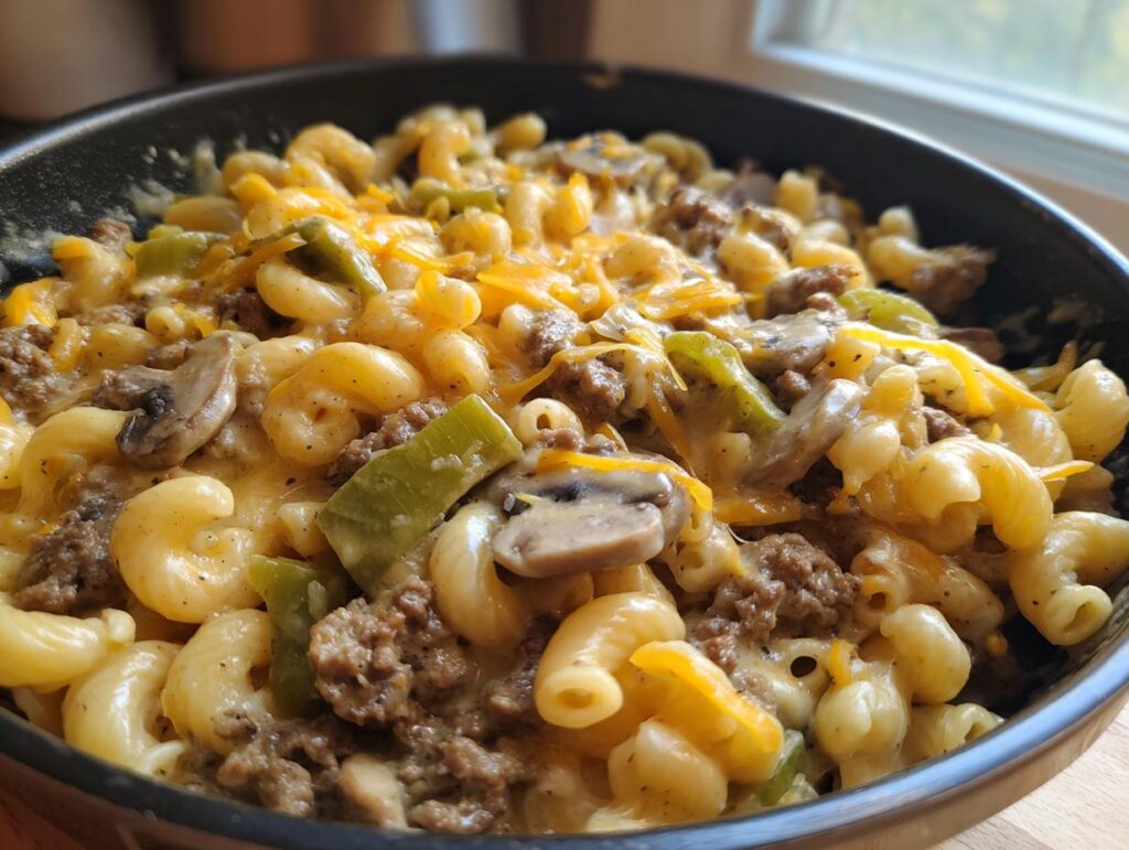 A bowl of Philly Cheesesteak Mac & Cheese with pasta, ground beef, peppers, mushrooms, and cheese.