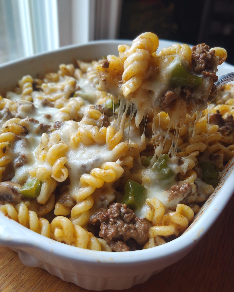Spoonful of Philly Cheesesteak Mac & Cheese with melted cheese, beef, peppers, and pasta.