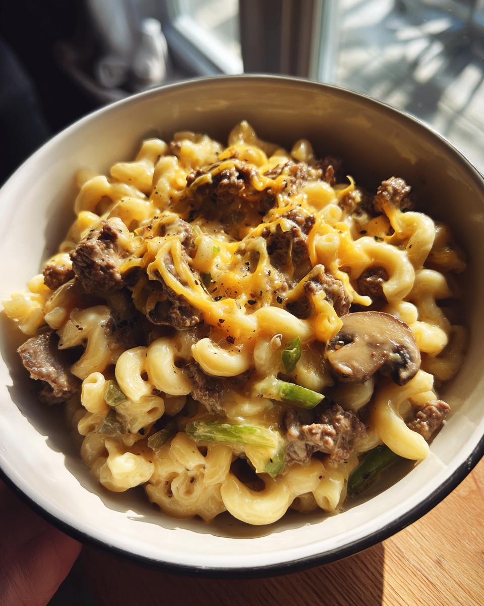 A bowl of Philly Cheesesteak Mac & Cheese with elbow macaroni, beef, peppers, mushrooms, and cheese.
