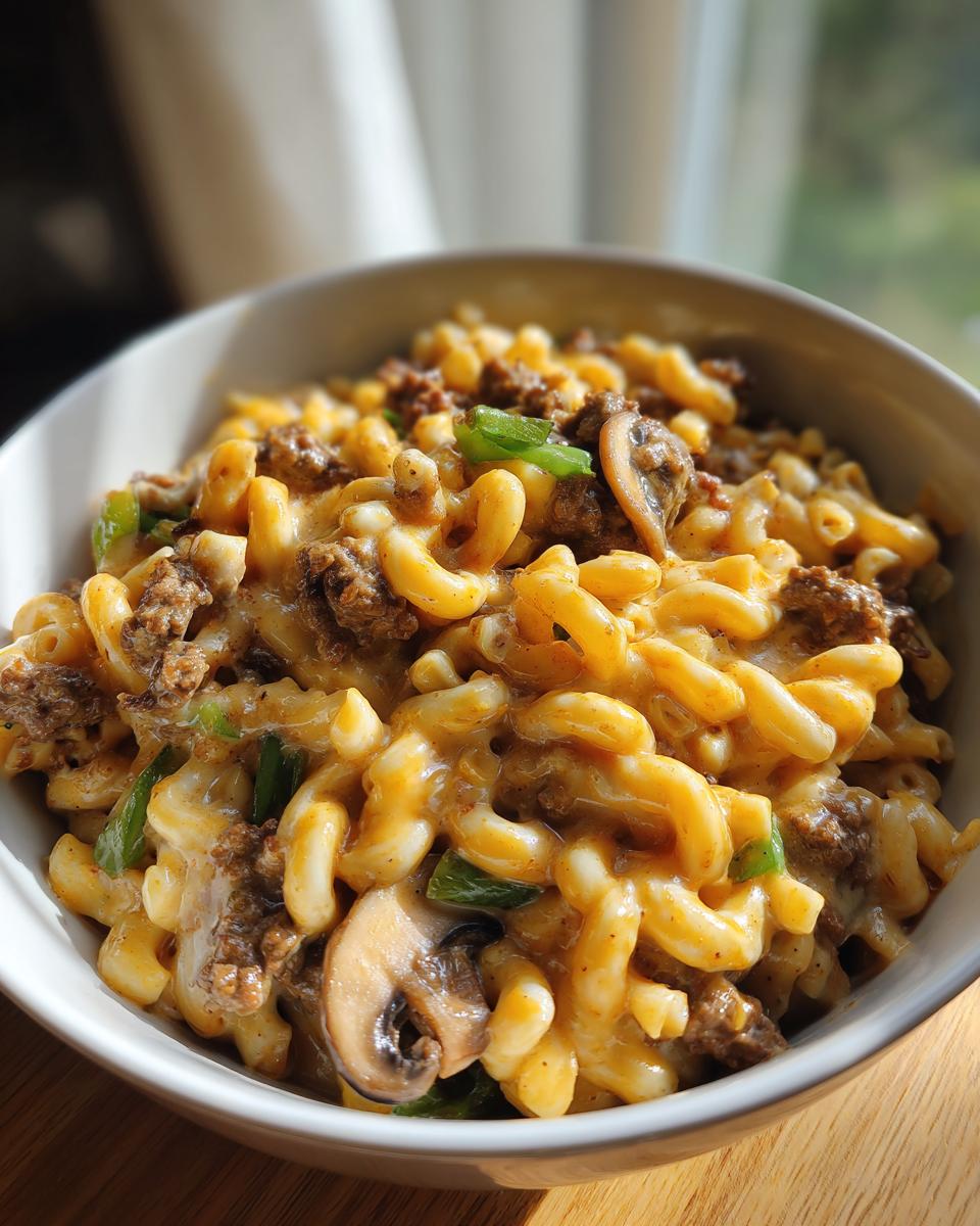 A delicious bowl of Philly Cheesesteak Mac & Cheese, featuring macaroni, ground beef, peppers, and mushrooms.