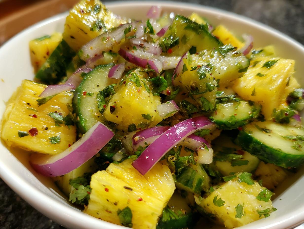 Close-up of a vibrant Pineapple Cucumber Salad in a white bowl, featuring pineapple chunks, cucumber slices, and red onion.