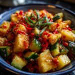 Close-up of a vibrant Pineapple Cucumber Salad in a blue bowl, garnished with red pepper and green onions.