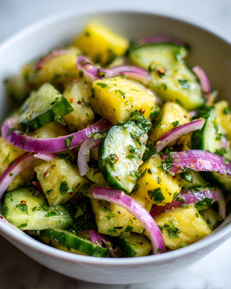 Close-up of Pineapple Cucumber Salad in a white bowl, featuring pineapple chunks, cucumber slices, and red onion.