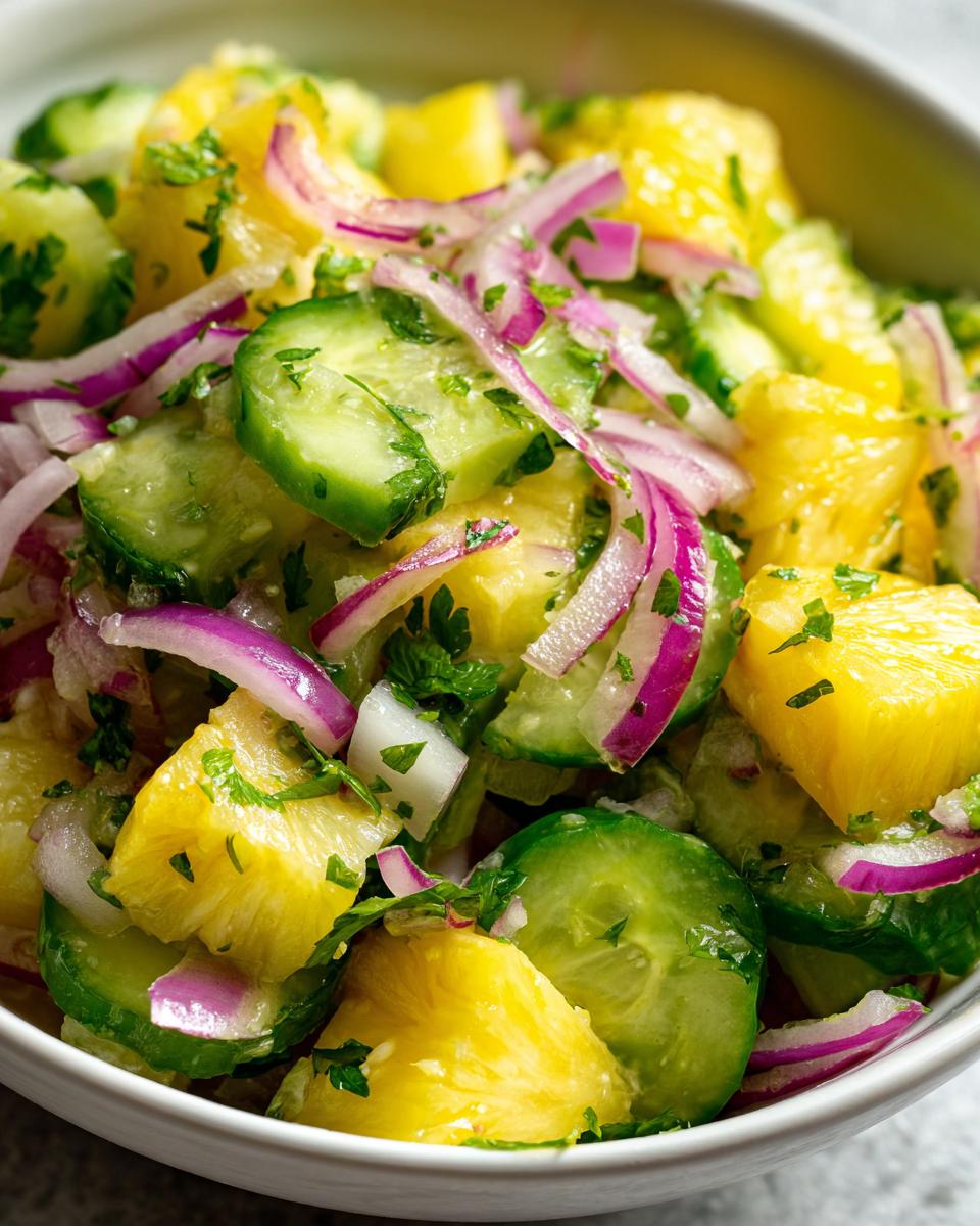 Close-up of a vibrant Pineapple Cucumber Salad with red onion and herbs in a white bowl.