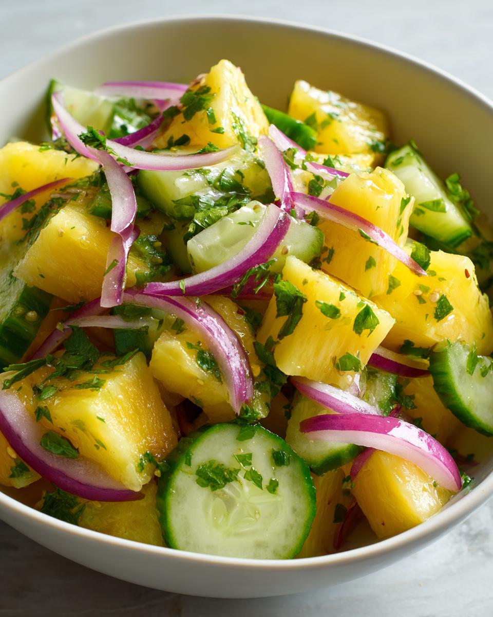 Bowl of Pineapple Cucumber Salad with red onion and herbs, a refreshing and simple side dish.