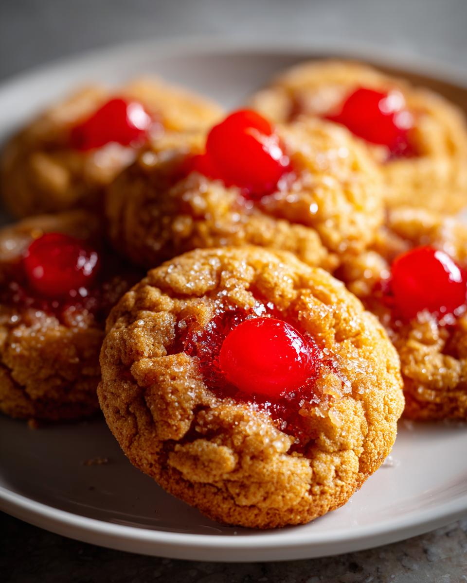 A plate of homemade Pineapple Upside-Down Cookies, topped with a cherry.