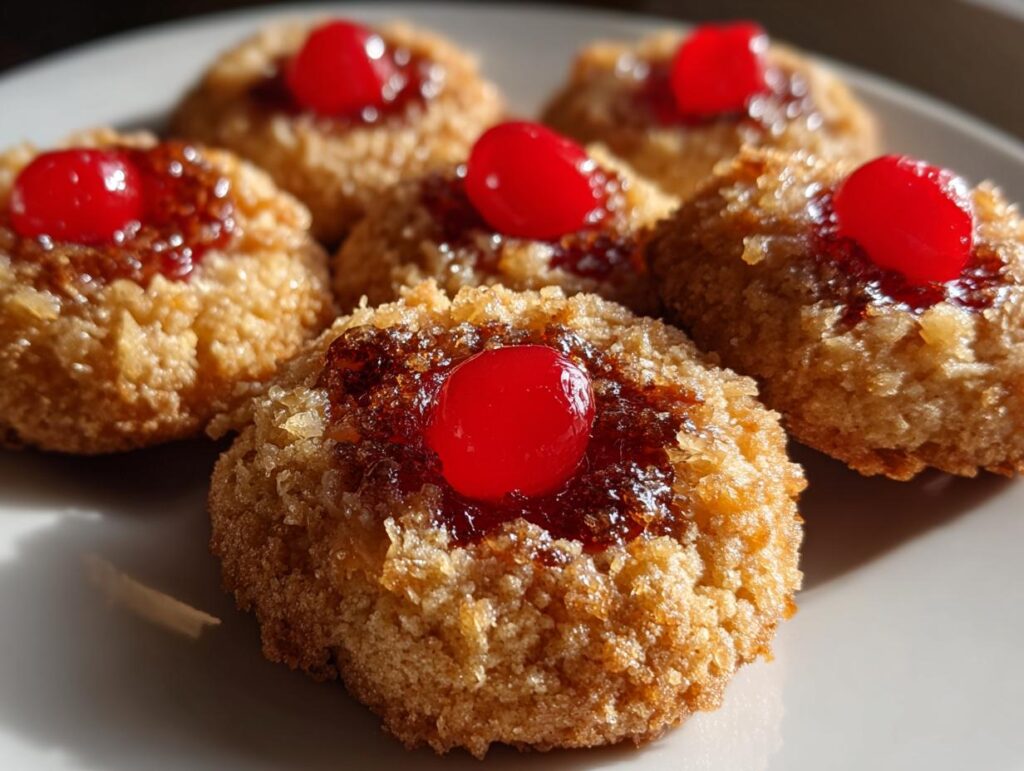 Delicious Pineapple Upside-Down Cookies topped with caramelized pineapple and a bright red maraschino cherry.