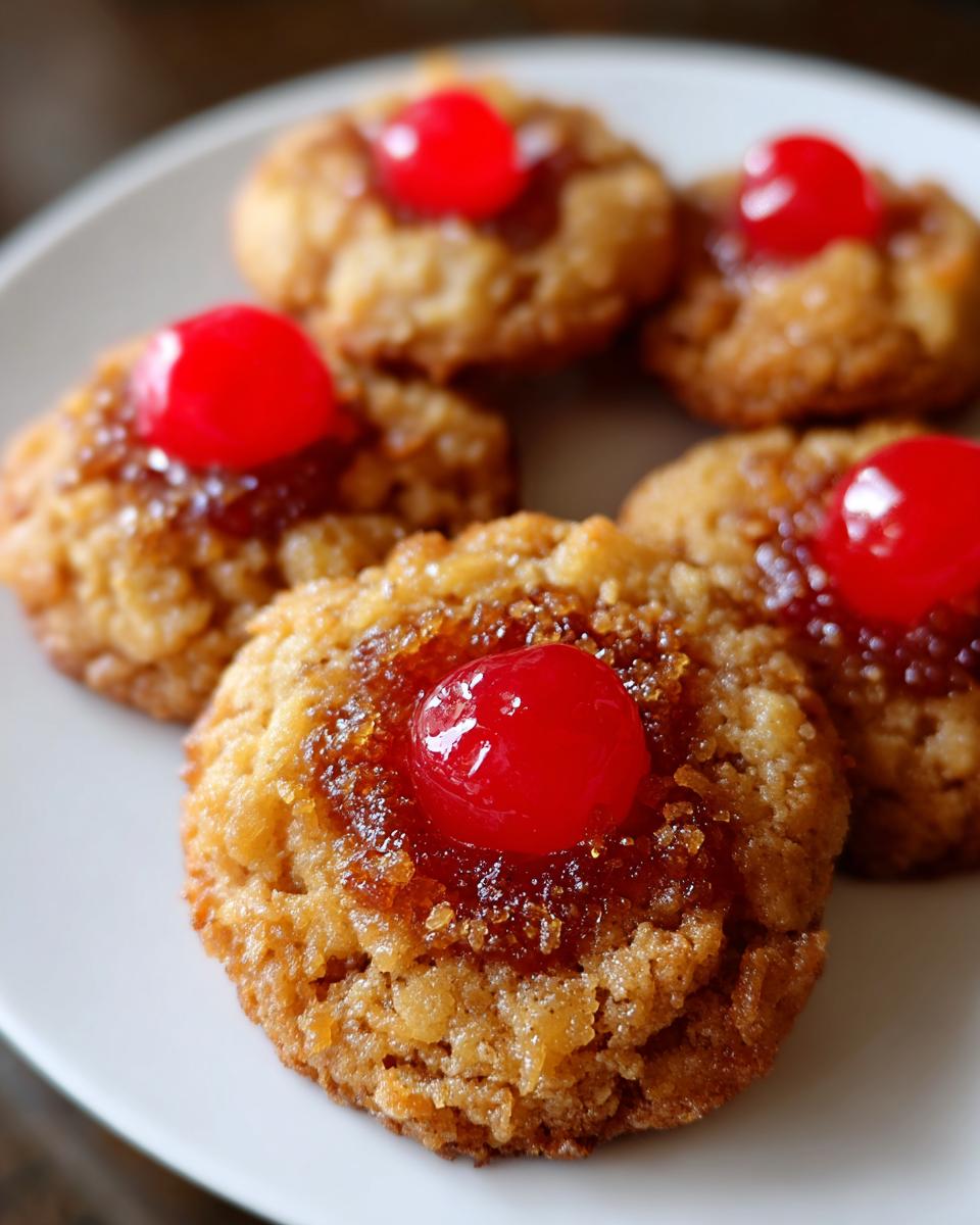 Close-up of Pineapple Upside-Down Cookies on a white plate, each topped with a cherry.