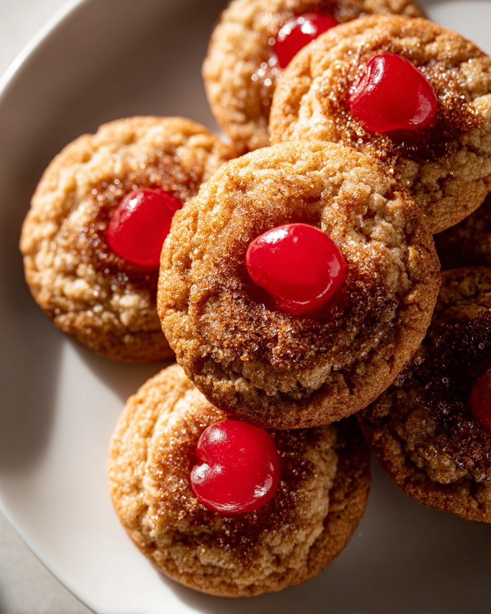 A close-up of Pineapple Upside-Down Cookies, topped with a cherry and brown sugar.