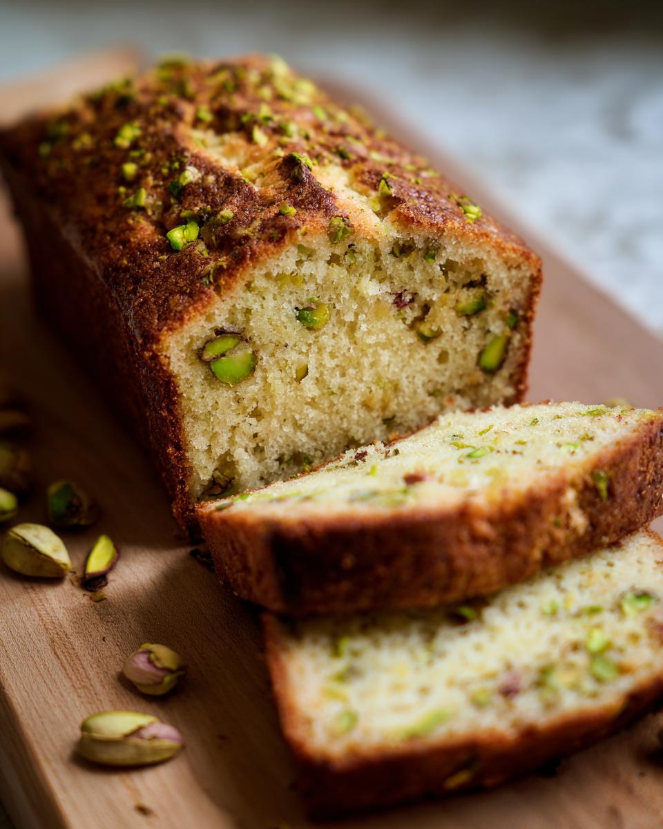 A loaf of Pistachio Pudding Bread with two slices cut, showing pistachios inside, on a wooden board.