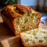 A loaf of Pistachio Pudding Bread with a slice cut, showing the pistachios inside the moist bread.