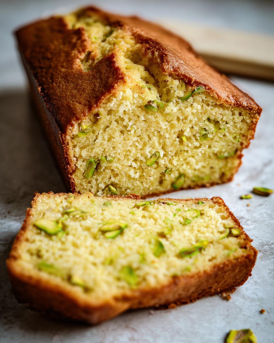 A freshly baked loaf of Pistachio Pudding Bread with a slice cut, showing the pistachio pieces.