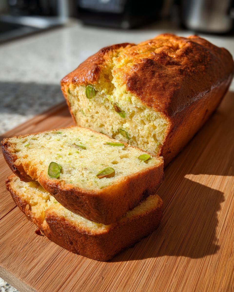 A loaf of Pistachio Pudding Bread with two slices cut, showing pistachios throughout the bread.