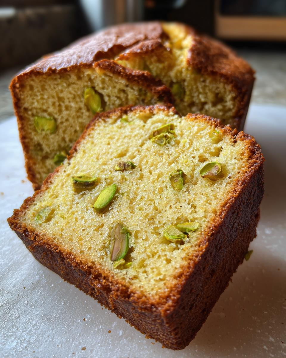 A slice of homemade Pistachio Pudding Bread, showing the moist texture and pistachio pieces.
