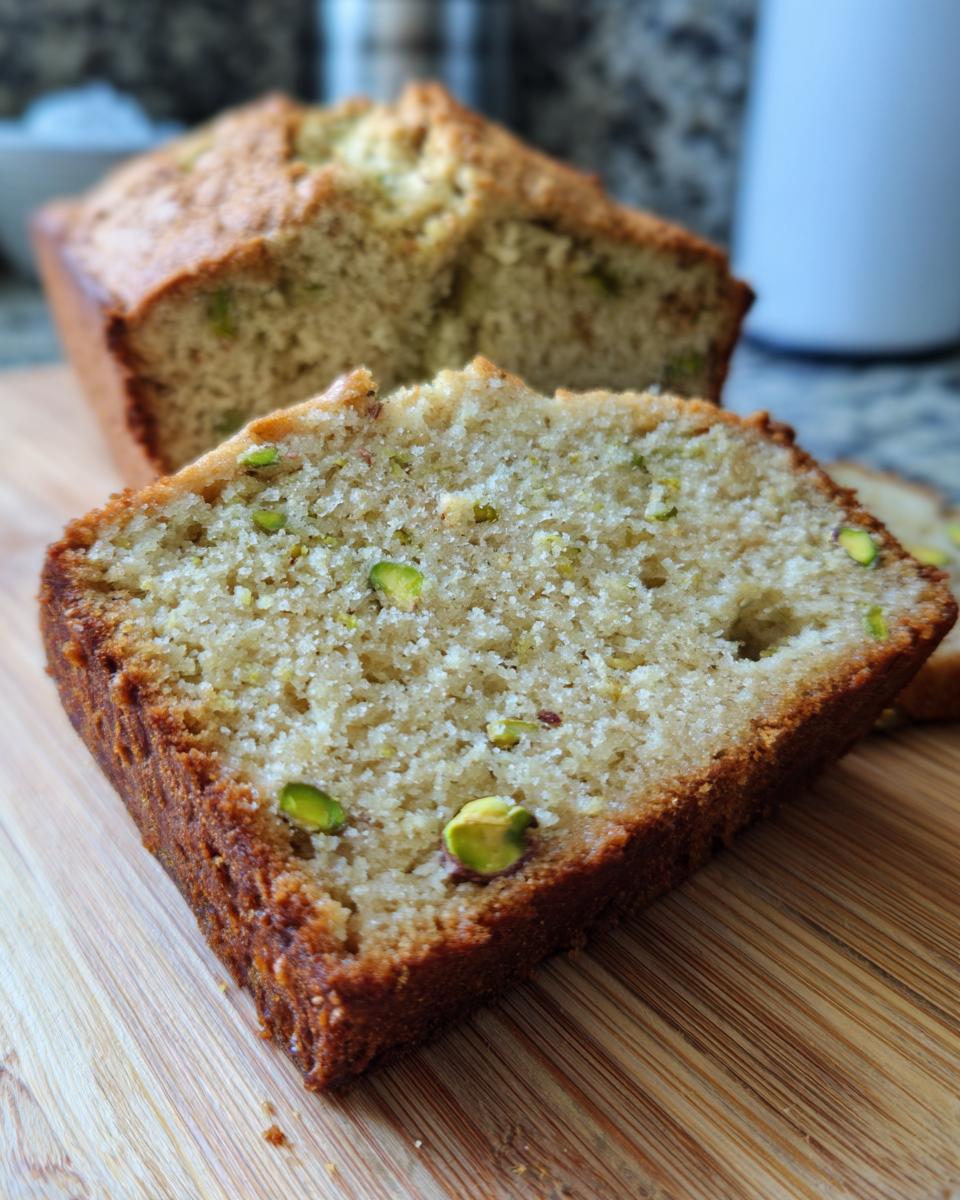 A close-up of a slice of moist Pistachio Pudding Bread, showing the texture and pistachio pieces.