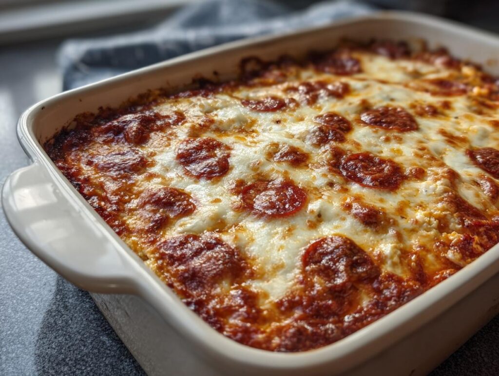 Overhead view of a freshly baked Pizza Cottage Cheese Bake with pepperoni and melted cheese.