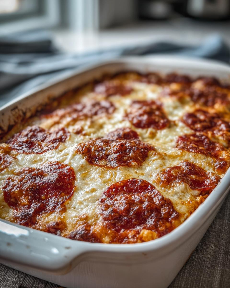 Close-up of a freshly baked Pizza Cottage Cheese Bake with melted cheese and pepperoni.