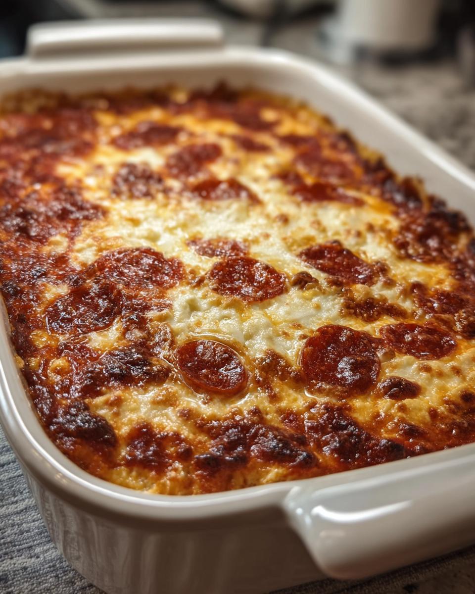 A freshly baked Pizza Cottage Cheese Bake with melted cheese and pepperoni in a white baking dish.