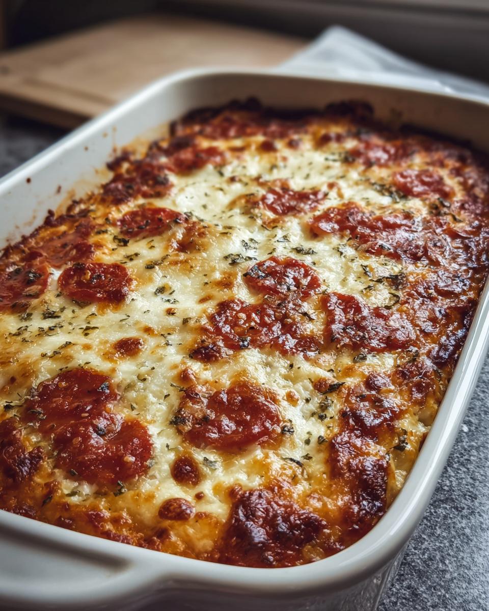 Overhead view of a freshly baked Pizza Cottage Cheese Bake in a white baking dish, topped with melted cheese and pepperoni.