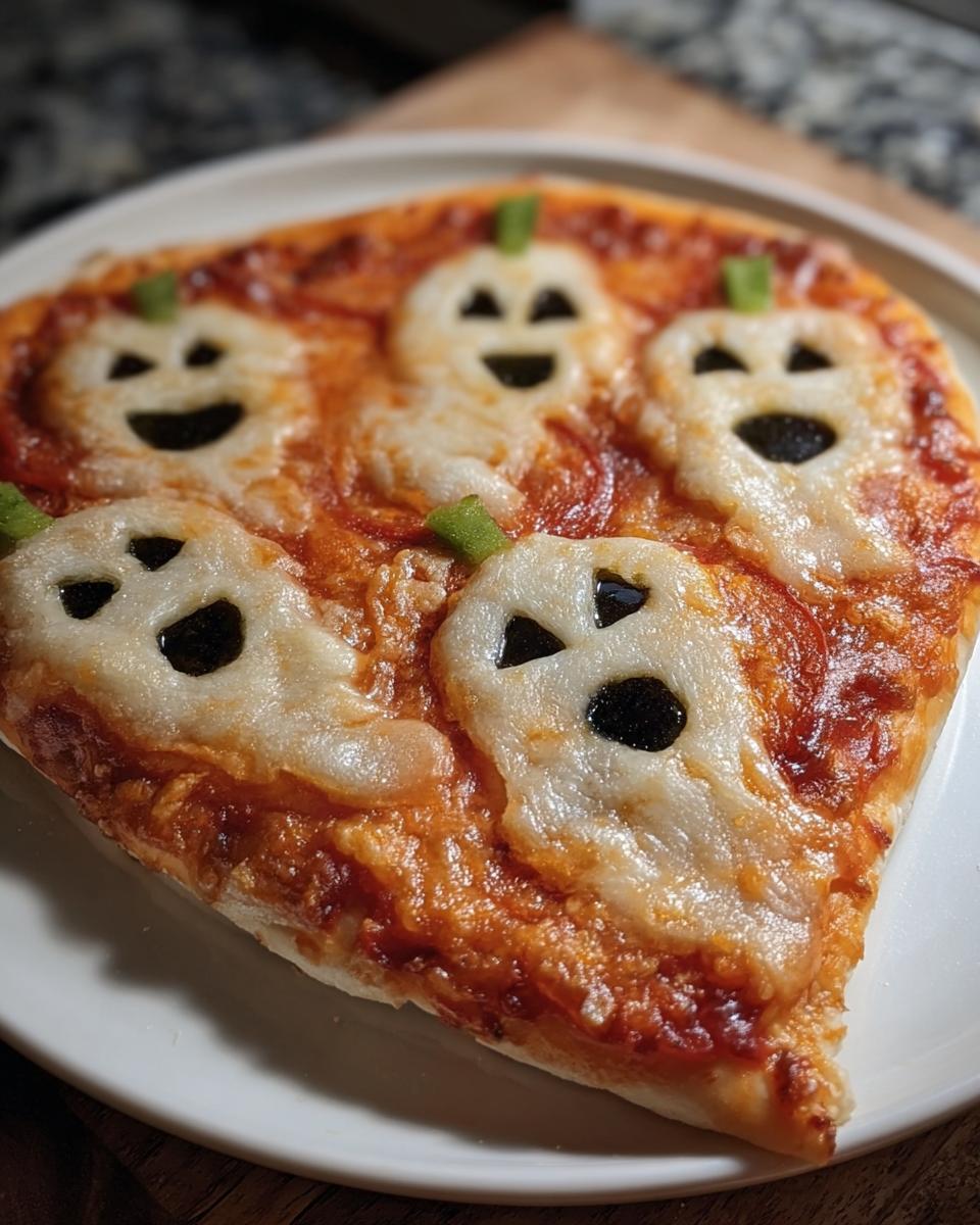 Halloween pizza margherita featuring ghost-shaped mozzarella and green pepper stems on a tomato sauce base.