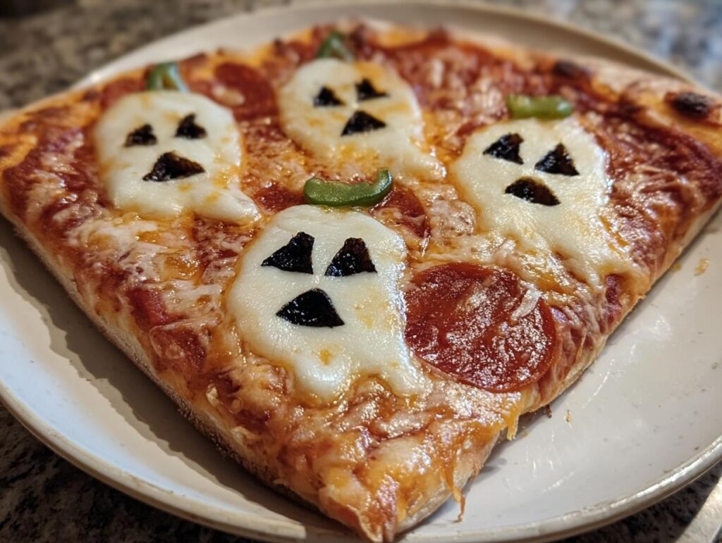 A slice of pizza margherita halloween with ghost-shaped mozzarella and pepperoni.