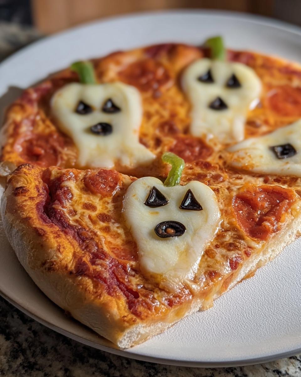 Close-up of a Halloween pizza margherita with ghost-shaped mozzarella and olive faces.