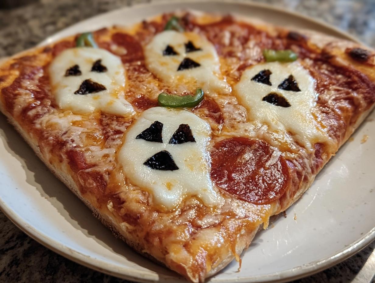 A slice of pizza margherita halloween with ghost-shaped mozzarella and pepperoni.